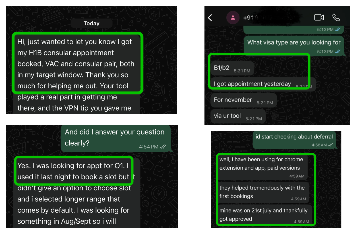 Four WhatsApp conversations from FindVisaSlots users describing successful visa appointment experiences