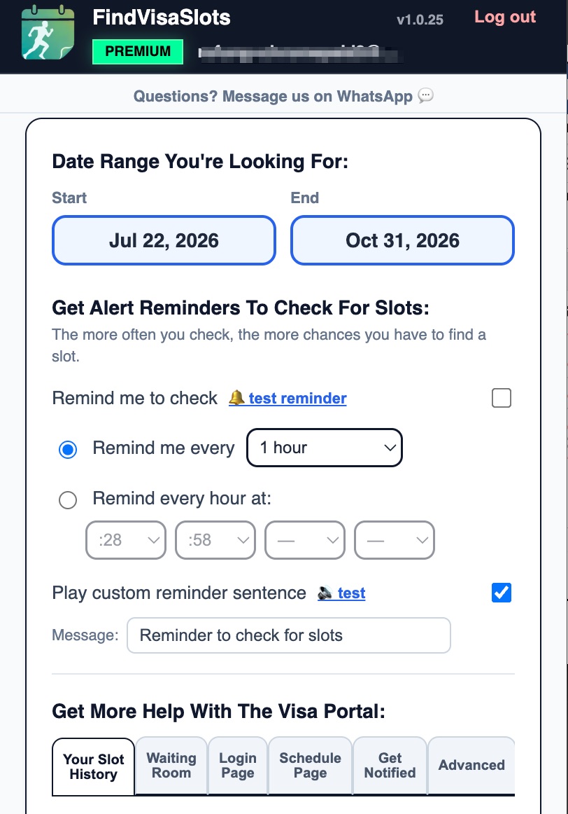Chrome Extension popup showing slot-check reminders and portal assistance settings